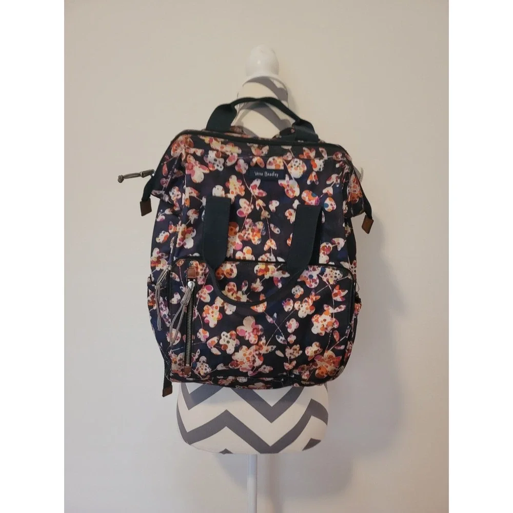 Vera Bradley Lighten Up Frame Large Backpack Floral Print Travel School Bag Navy